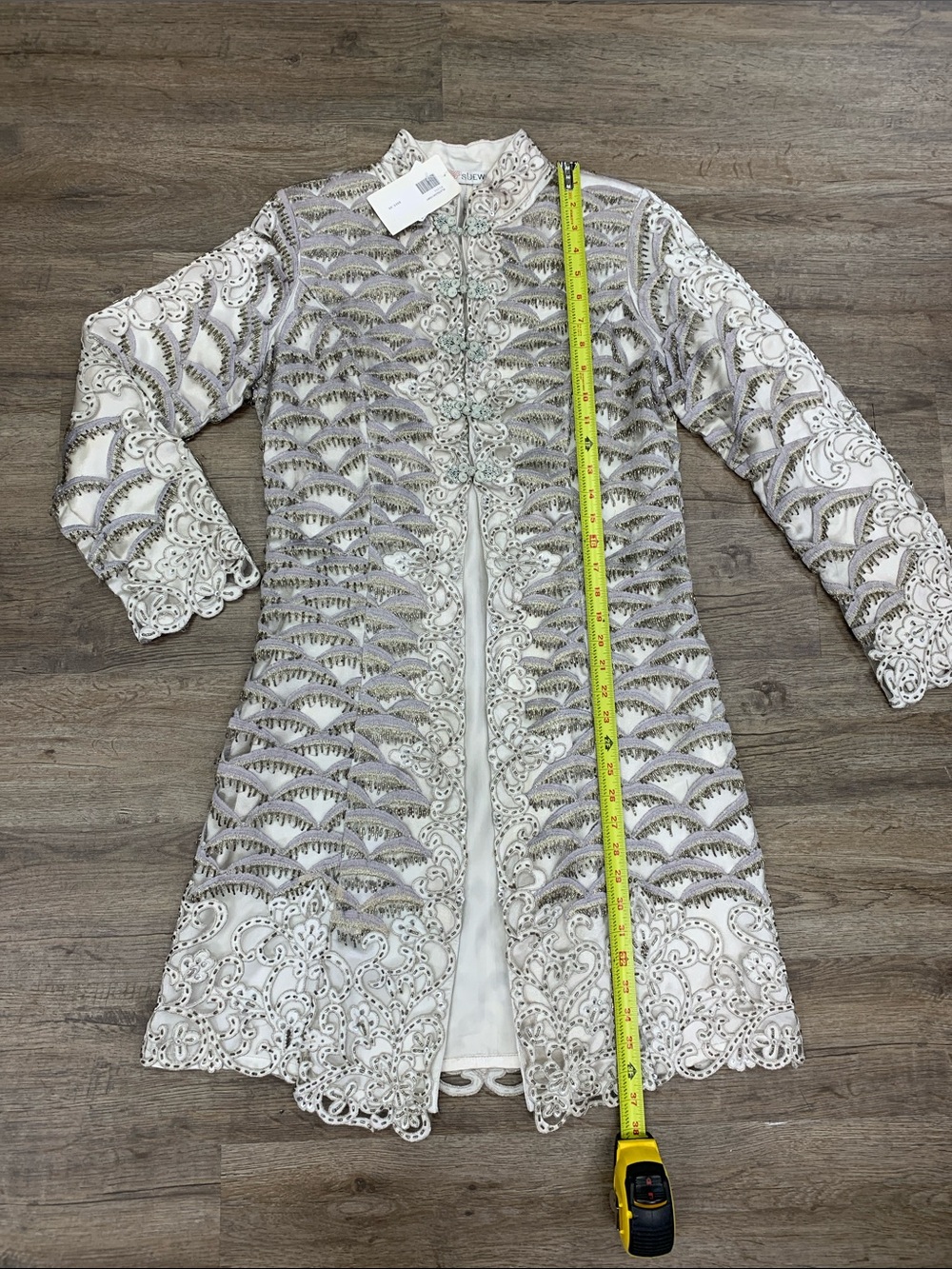 Sue Wong White & Silver Embellished Lace Trench Coat Size 6